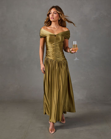 Dinner Darlings Satin Off the Shoulder Maxi Dress