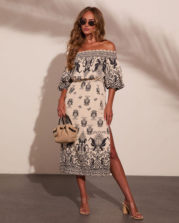 Solstice Spirit Paisley Off The Shoulder Midi Dress
