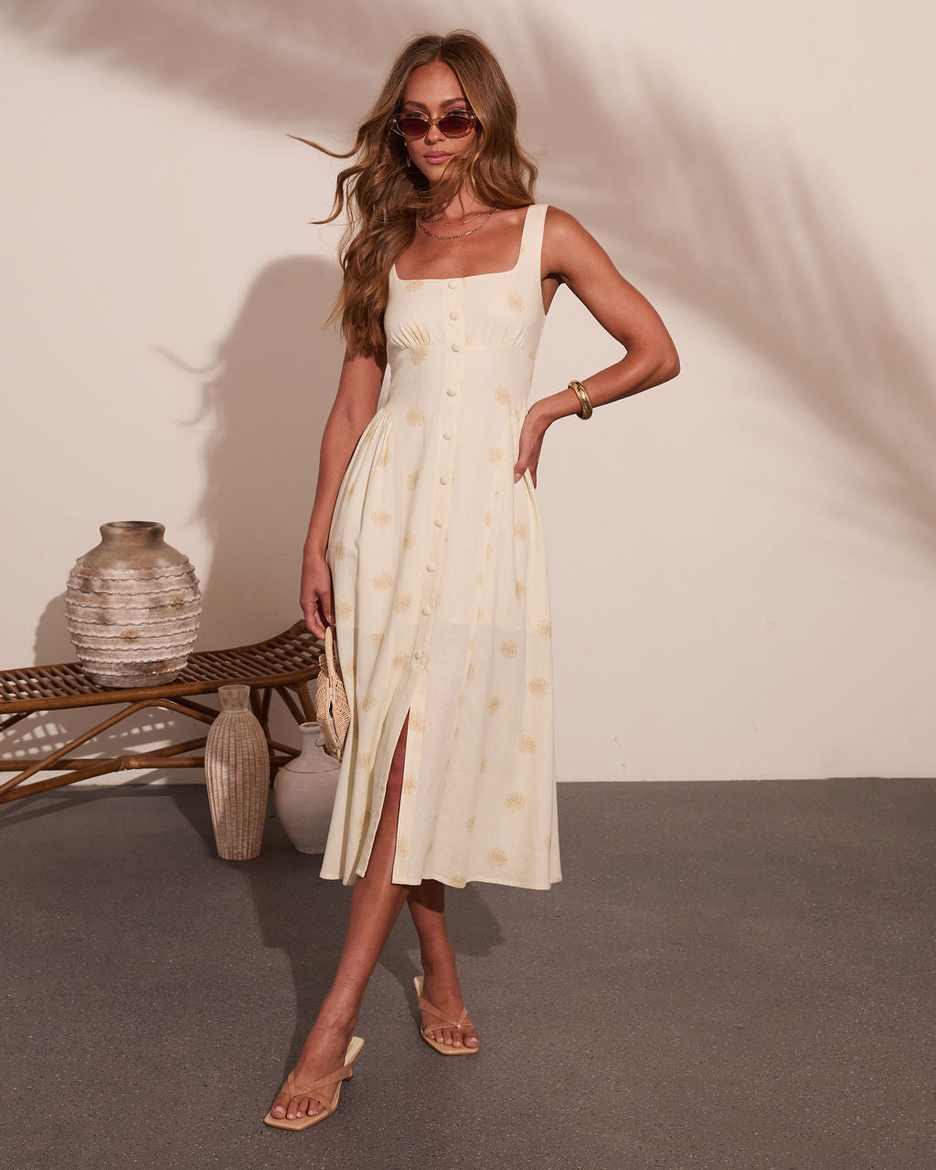 linen seashell dress Coastal Days Print Blend Midi – VICI Size:L (34-35 sleeve length) Strapless Ruched Chiffon A-Line CL_inv_8.5142 Scalloped square cut neckline