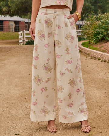 Junelle Rigid High Rise Wide Leg Pleated Floral Jeans