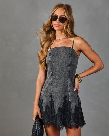 Honey Sunset Chambray Lace Trim Mini Dress
