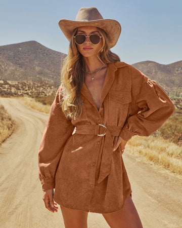 Clover Wood Corduroy Mini Shirt Dress