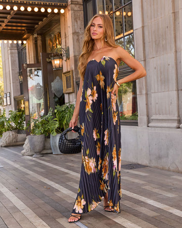 Adrenia Pleated Floral Print Satin Maxi Dress