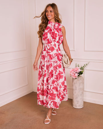 Marlisse Pleated Floral Halter Neck Maxi Dress