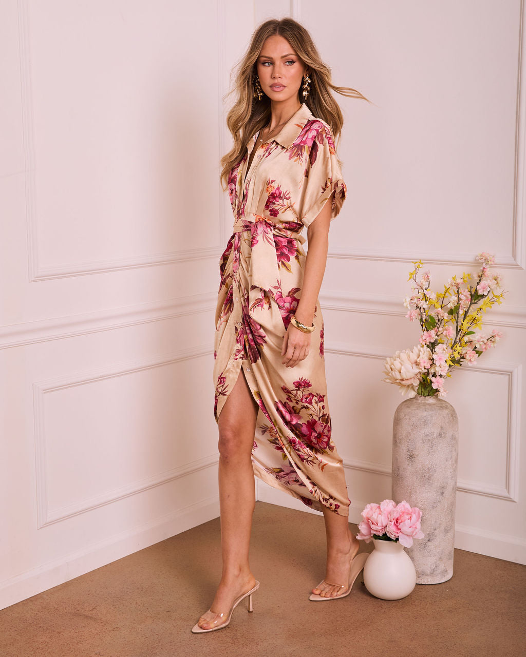 Trudie Floral Satin Midi Shirt Dress – VICI
