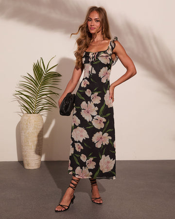 Warm Petals Mesh Floral Midi Dress