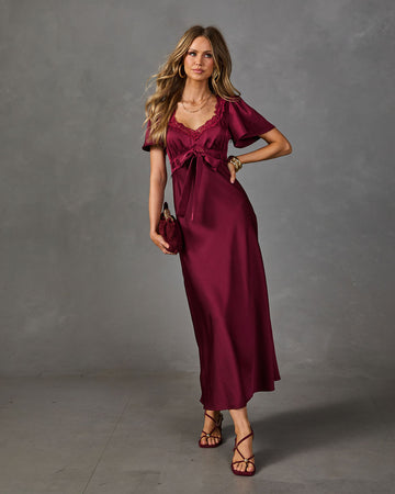 Natalya Satin Lace Trim Waist Tie Midi Dress