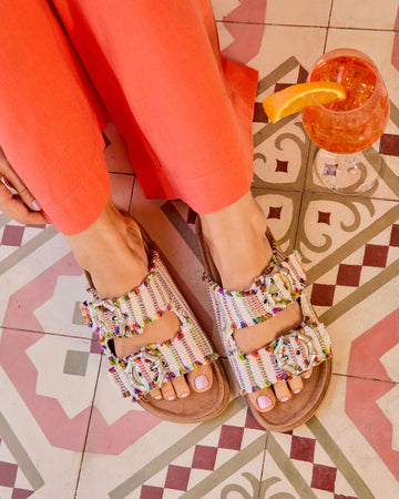 Brylee Textile Multi Color Stitch Buckle Sandals