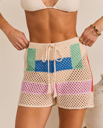 Cannes Coast Striped Crochet Cover Up Shorts
