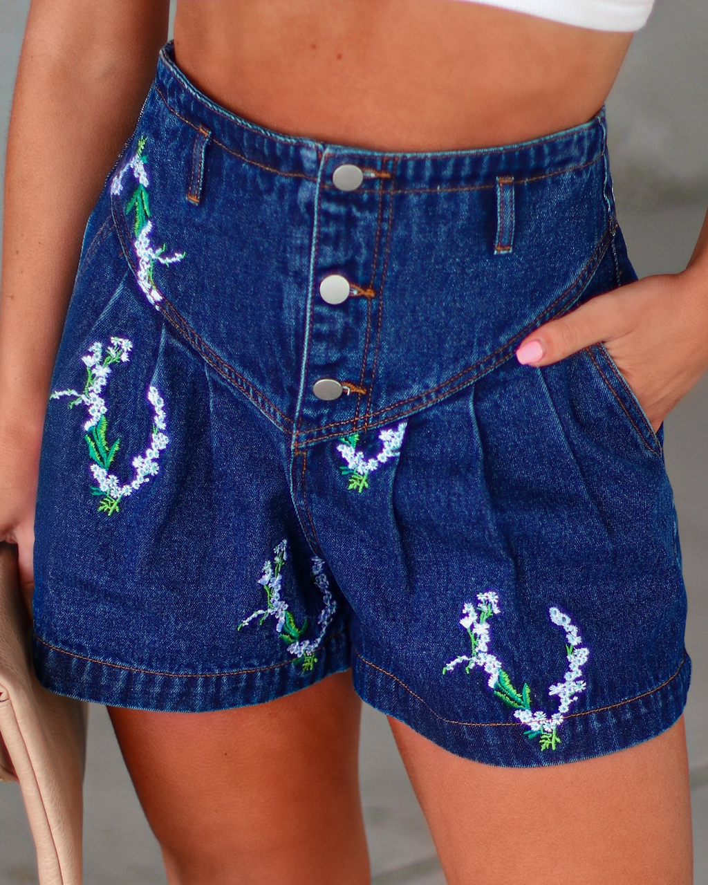 Smiles All Day Floral Pocketed Embroidered Denim Shorts