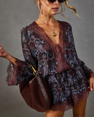Private Whisper Paisley Print Lace Trim Romper