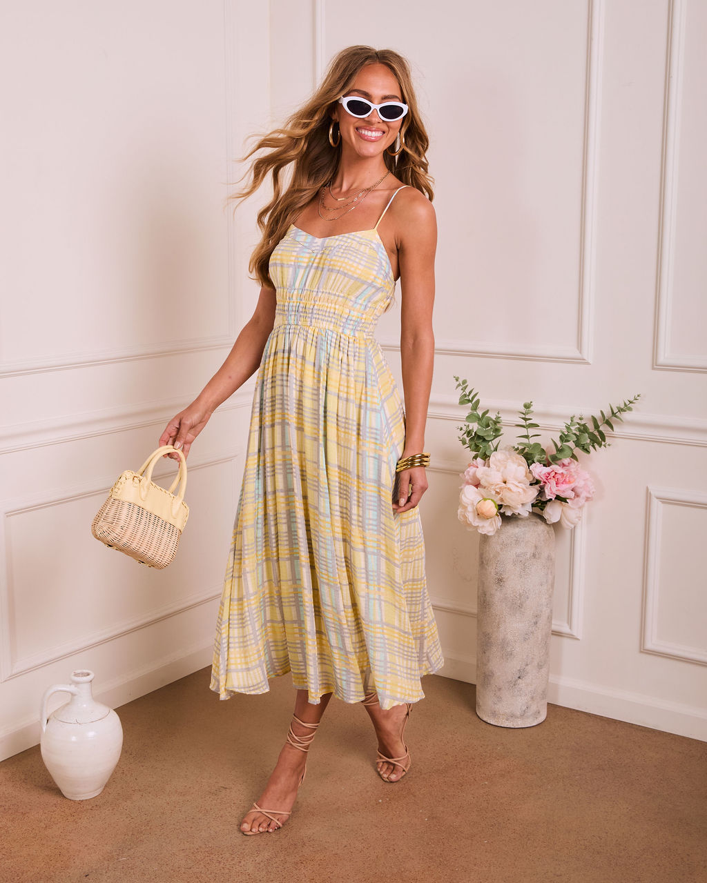 Misty Aura Plaid Midi Dress in Yellow
