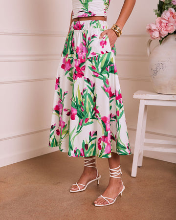 Fresh Gardenia Floral Midi Skirt