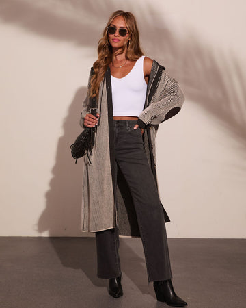 Roselynn Striped Hooded Drawstring Longline Cardigan
