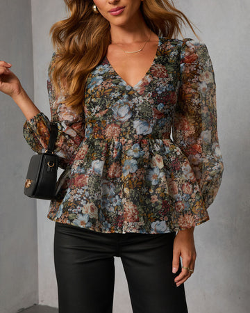 Mulled Rose Organza Printed Peplum Blouse