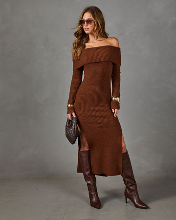 Danika Ribbed Knit Off the Shoulder Midi Dress