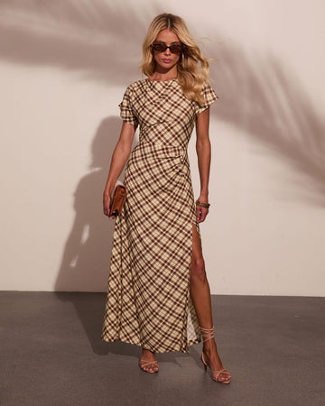 Collected Calm Ruched Plaid Maxi Dress