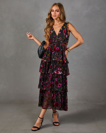 Roaming Rose Tiered Mesh Flocked Velvet Floral Maxi Dress