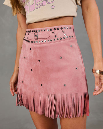 Country Nights Embellished Faux Suede Fringe Mini Skirt