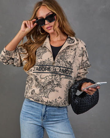 J'adore Darling Toile Print Fleece Quarter Zip Sweatshirt