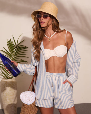 Pure Closet Striped Linen Blend Button Down Top