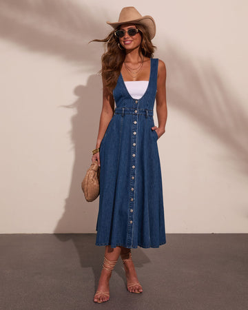 Western Indigo Denim Overall Maxi Dress