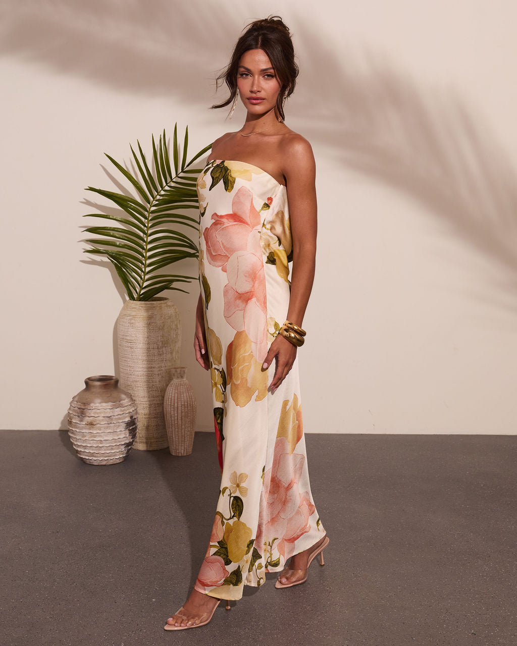 strapless summer dress maxi Summer Reverie Strapless Floral Satin Maxi Dress – VICI
