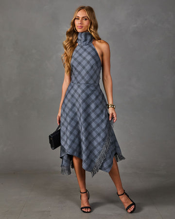 Raylan Plaid High Low Mock Neck Midi Dress