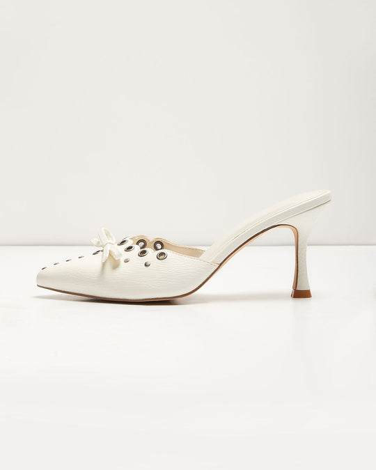 White % Mara Grommet and Bow Pointed Toe Mules-2