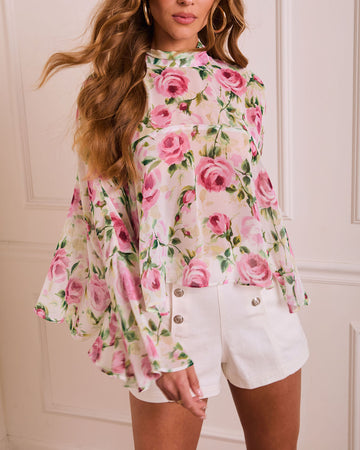 Bloom On Floral Mock Neck Blouse
