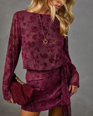 Paigely Floral Velvet Fringe Wrap Tie Mini Dress