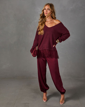Darling Dream Knit V Neck Lace Trim Sweater