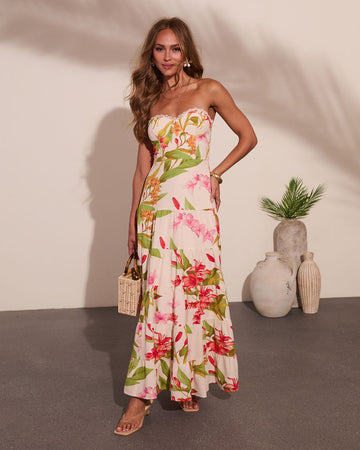 Tropic Mood Strapless Floral Print Maxi Dress