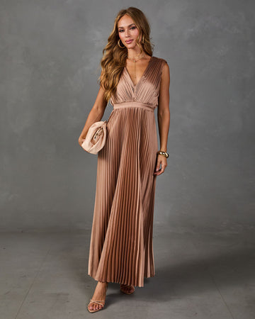 Evening Veil Pleated Satin Maxi Dress