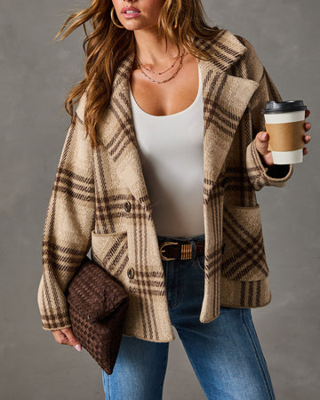 Warmth Theory Knit Plaid Double Breasted Cardigan