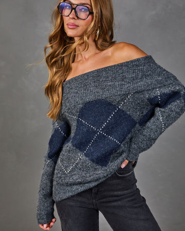 Alec Off the Shoulder Knit Argyle Sweater