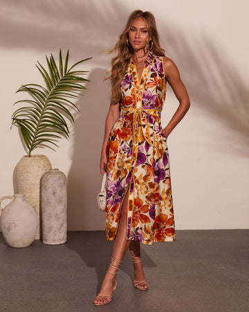 Alanah Floral Waist Belt Maxi Shirt Dress