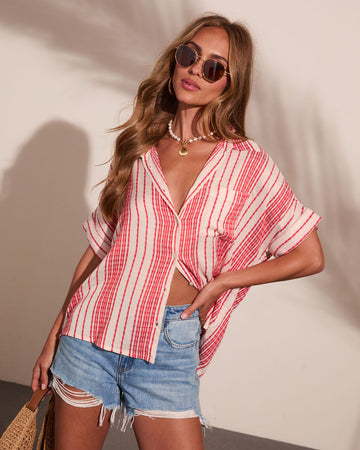 Libertee Embroidered Striped Button Down Top
