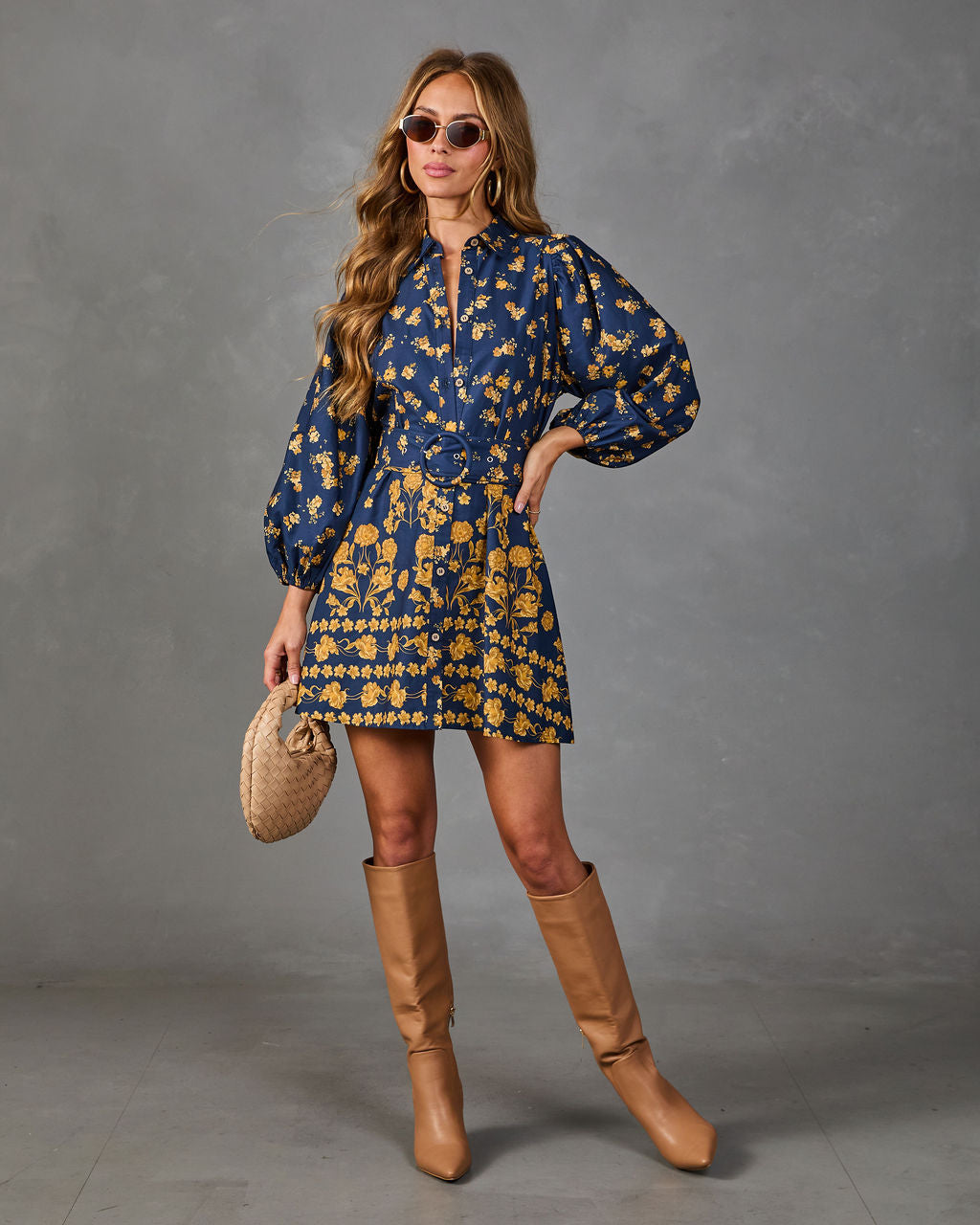 gold shirt dress Golden Meadow Belted Floral Mini – VICI Color:Overdyed Black Green Party Dresses Amora Denim Midi Dress shirt dress featuring a