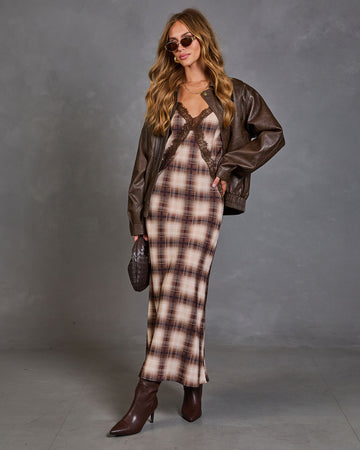 Laurent Plaid Lace Trim Slip Maxi Dress