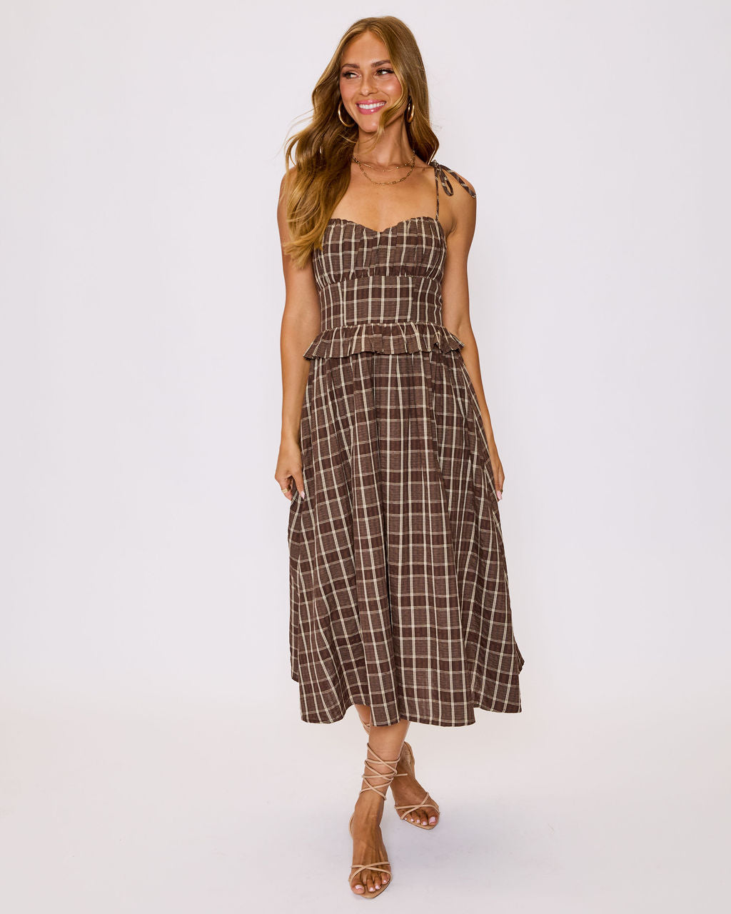 Emma Plaid Midi Dress in Brown