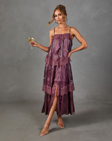 Shiloh Tiered Satin Lace Maxi Dress