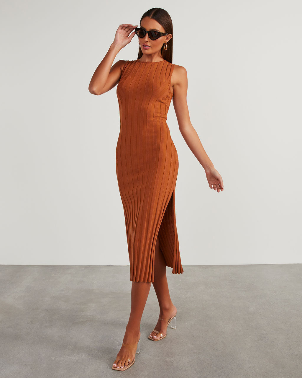 rust ribbed midi dress Huston Sleeveless Pleated Knit Midi Dress – VICI