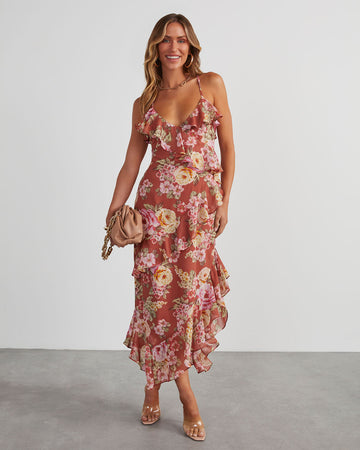 Safia Floral Ruffle Slip Midi Dress