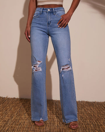 Katie Stretch Distressed Wide Leg Jeans