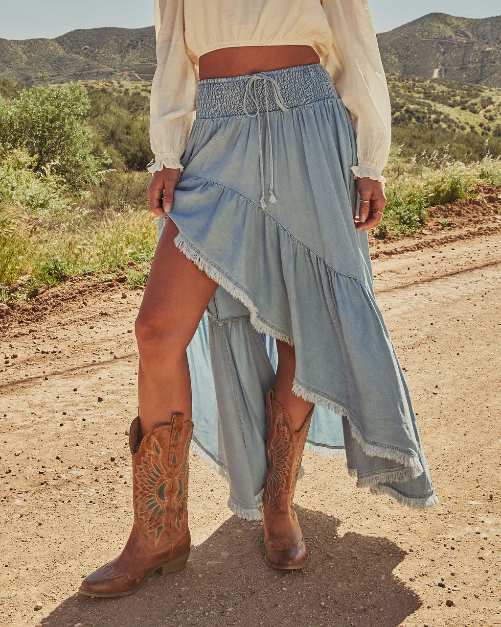Prairie Rebel Frayed High Low Denim Maxi Skirt – VICI
