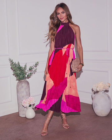 Cheyenne Abstract Pleated Halter Midi Dress