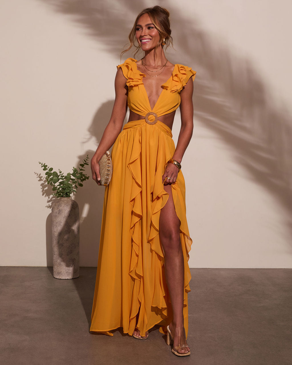 carlita mini dress yellow Carlita Ruffle Cutout Maxi Dress – VICI