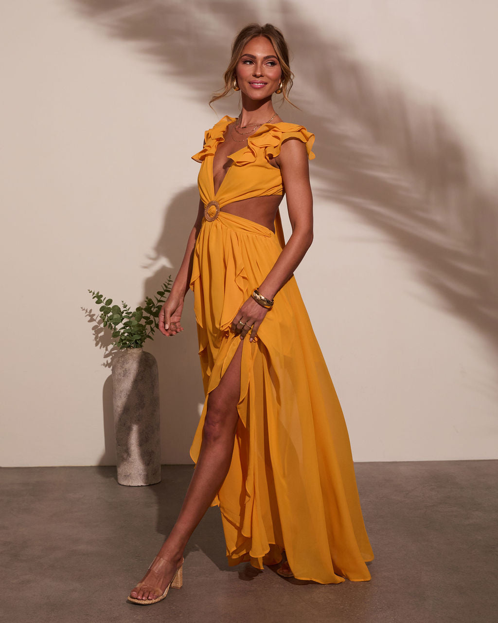 Carlita Ruffle Cutout Maxi Dress in Yellow