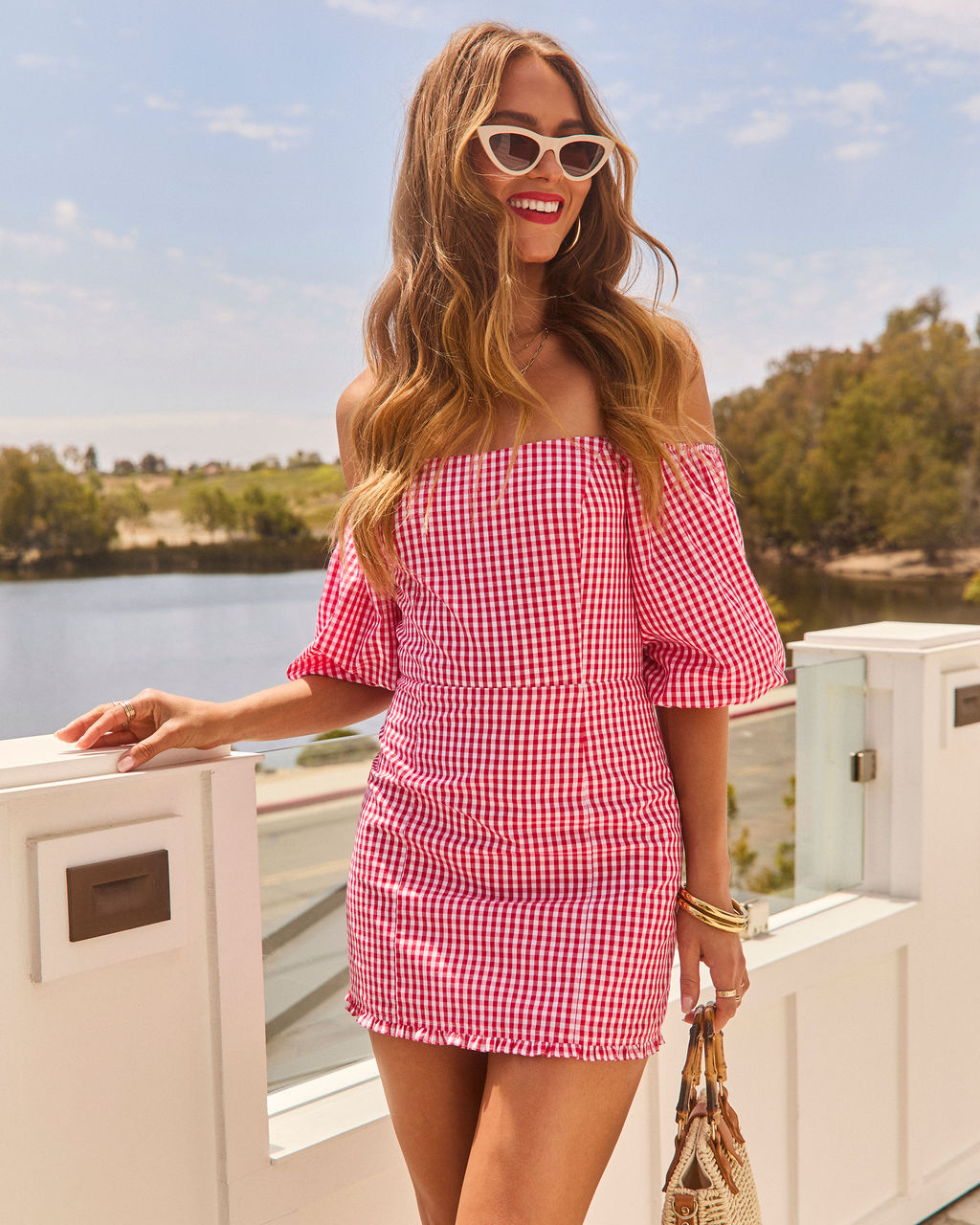 mango red gingham dress Vichy Mango Red Gingham Dress Rosie Gingham Off The Shoulder Mini Dress In  Red Size Large, Cotton, VICI